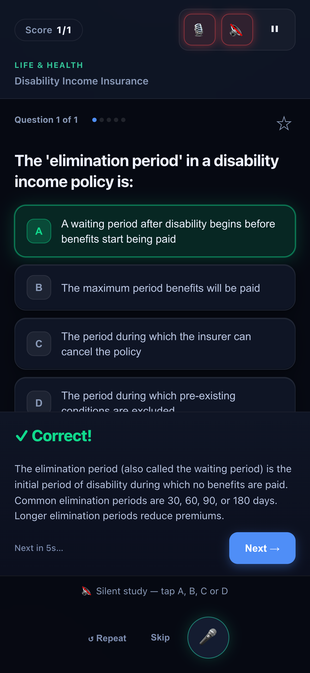 PassLane confirming a spoken answer and explaining why it's correct