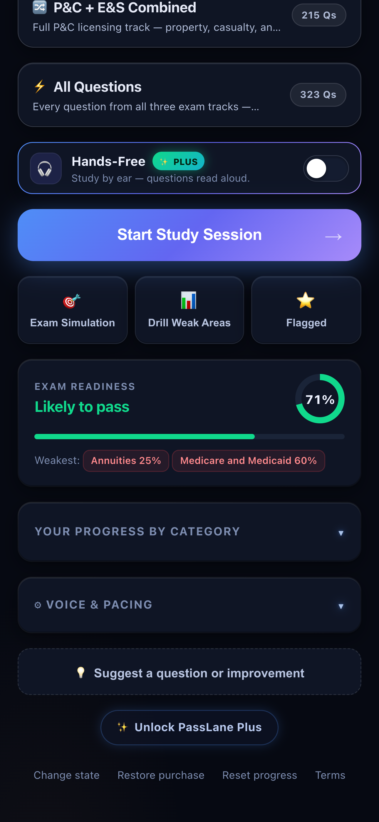 PassLane honest readiness ring showing a real score and weak-area flags.
